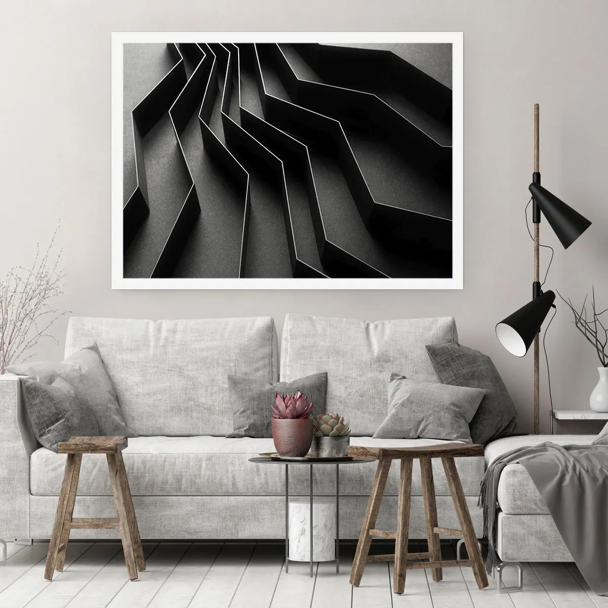 Poster - Astrazione in bianco e nero con strutture geometriche - 100x70cm - Ordine tridimensionale - Decorazione murale moderna per soggiorno e camera da letto ARTTOR