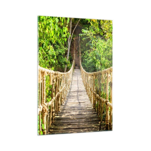 Quadro su vetro - Un ponte di corda in legno circondato da una vegetazione lussureggiante - 50x70cm - Sospeso nel verde - Decorazione murale moderna per soggiorno e camera da letto ARTTOR