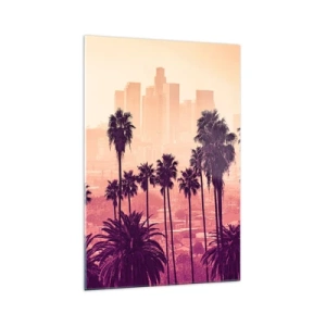 Quadro su vetro - Palme sullo sfondo di un paesaggio urbano dai colori caldi - 70x100cm - Paesaggio della California - Decorazione murale moderna per soggiorno e camera da letto ARTTOR