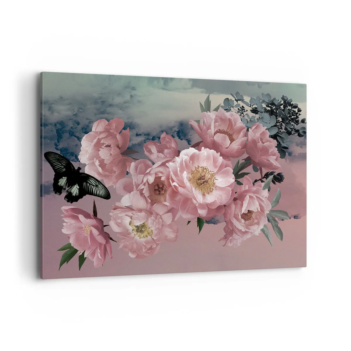 Quadro su tela - Stampe su Tela - Peonie rosa con farfalla su sfondo pastello - 100x70cm - L'apice della romanticità - Decorazione murale moderna per soggiorno e camera da letto ARTTOR