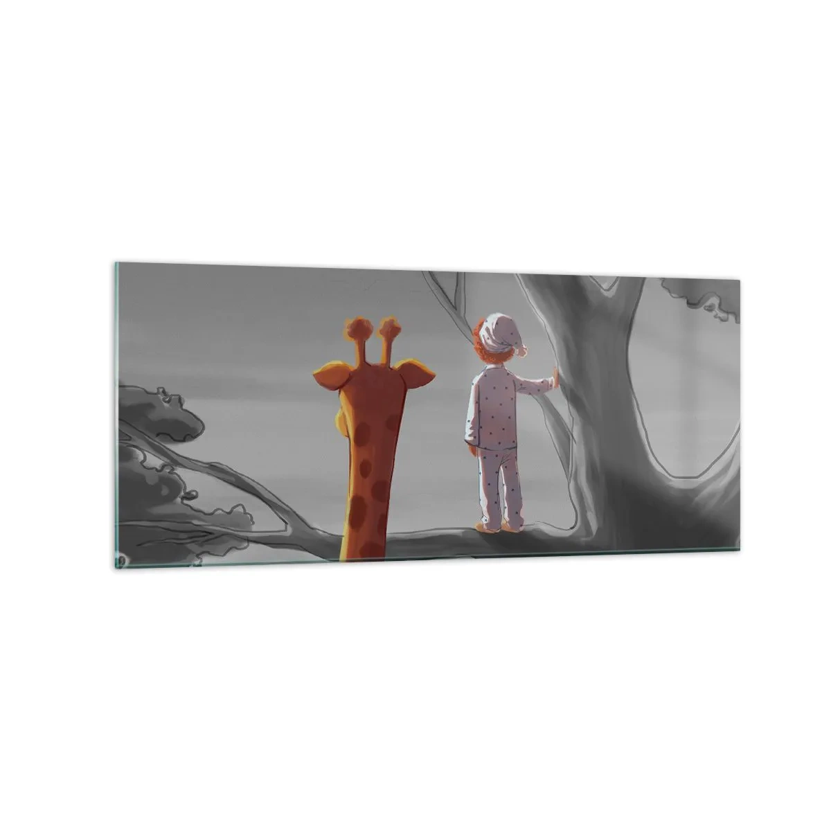Quadro su vetro - Un bambino e una giraffa su un ramo di un albero in un paesaggio da favola - 120x50cm - Sta succedendo davvero - Decorazione murale moderna per soggiorno e camera da letto ARTTOR