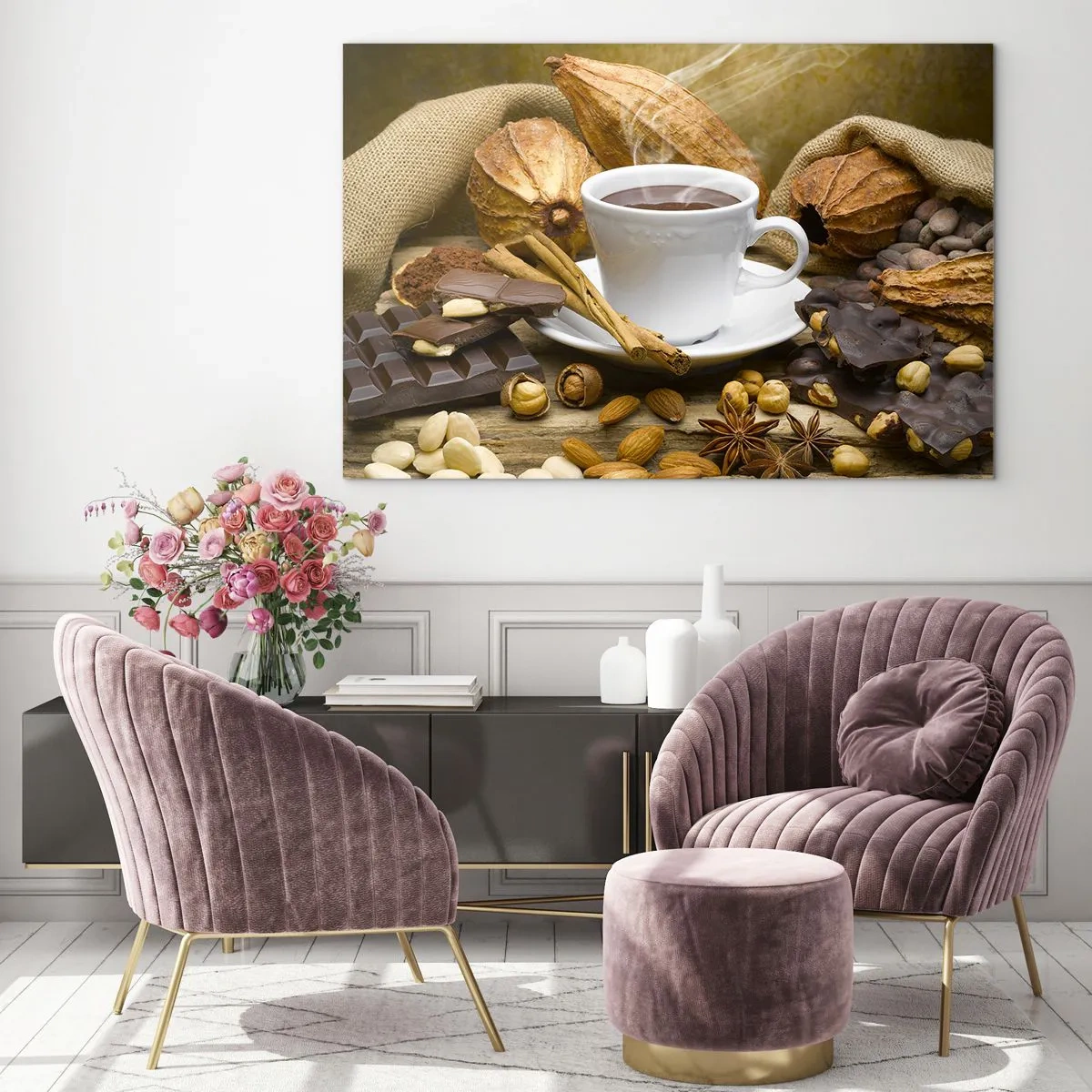 Quadro su vetro - Una tazza di cioccolata calda circondata da cioccolato e spezie - 70x50cm - Per i cercatori di emozioni - Decorazione murale moderna per soggiorno e camera da letto ARTTOR