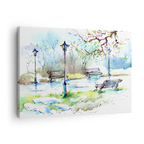 Quadro su tela - Stampe su Tela - Scena di parco ad acquerello con panchine e lampade - 70x50cm - Il fascino del silenzio del parco - Decorazione murale moderna per soggiorno e camera da letto ARTTOR