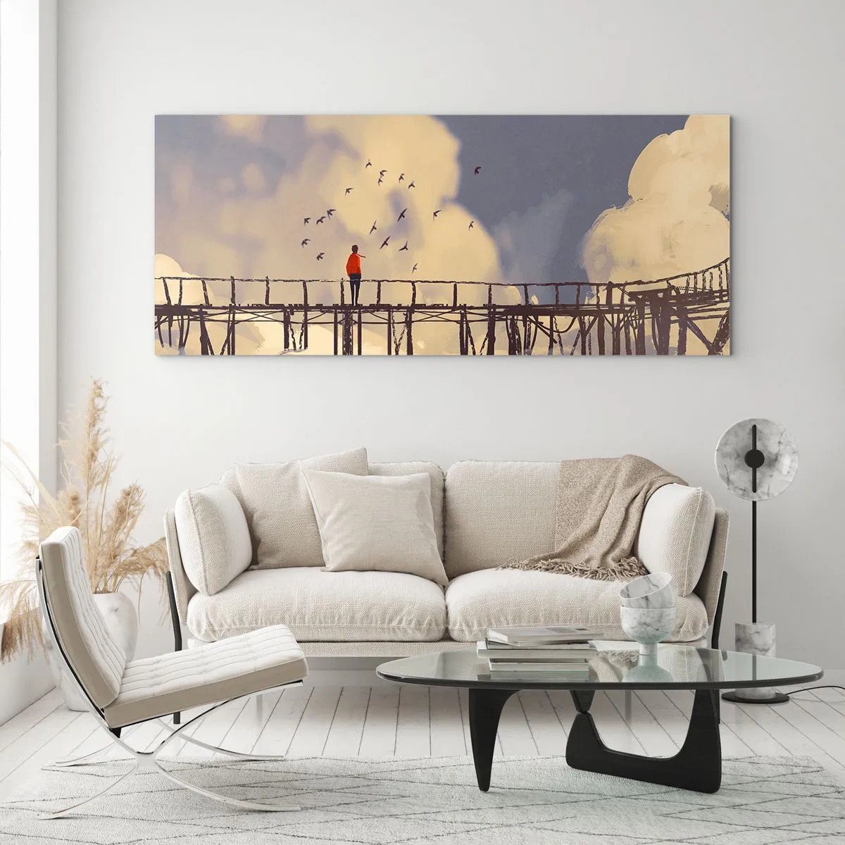 Quadro su vetro - Una figura su un ponte tra le nuvole con uccelli nel cielo - 160x50cm - Nostalgia del cielo - Decorazione murale moderna per soggiorno e camera da letto ARTTOR