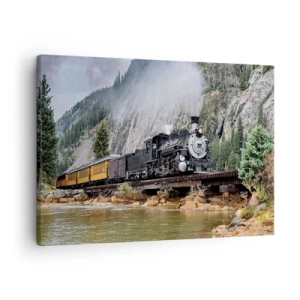 Quadro su tela - Stampe su Tela - Una locomotiva a vapore su un ponte in un pittoresco paesaggio montano - 70x50cm - Dove andiamo? - Decorazione murale moderna per soggiorno e camera da letto ARTTOR