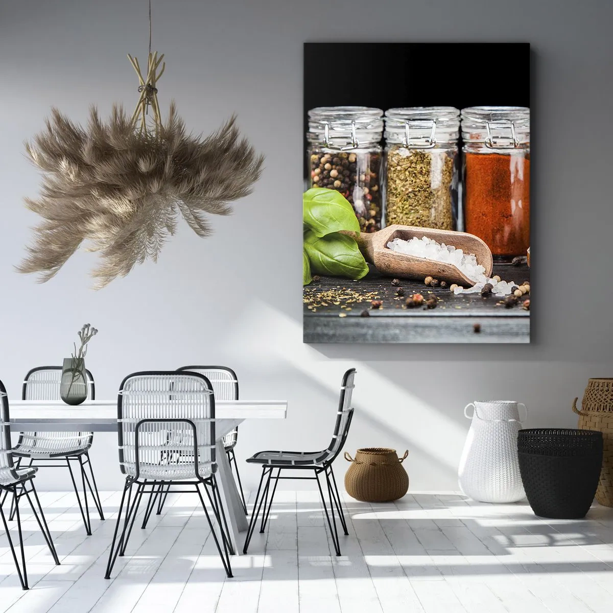 Quadro su tela - Stampe su Tela - Erbe e spezie in barattoli di vetro su sfondo scuro - 80x120cm - Perché la vita abbia sapore - Decorazione murale moderna per soggiorno e camera da letto ARTTOR