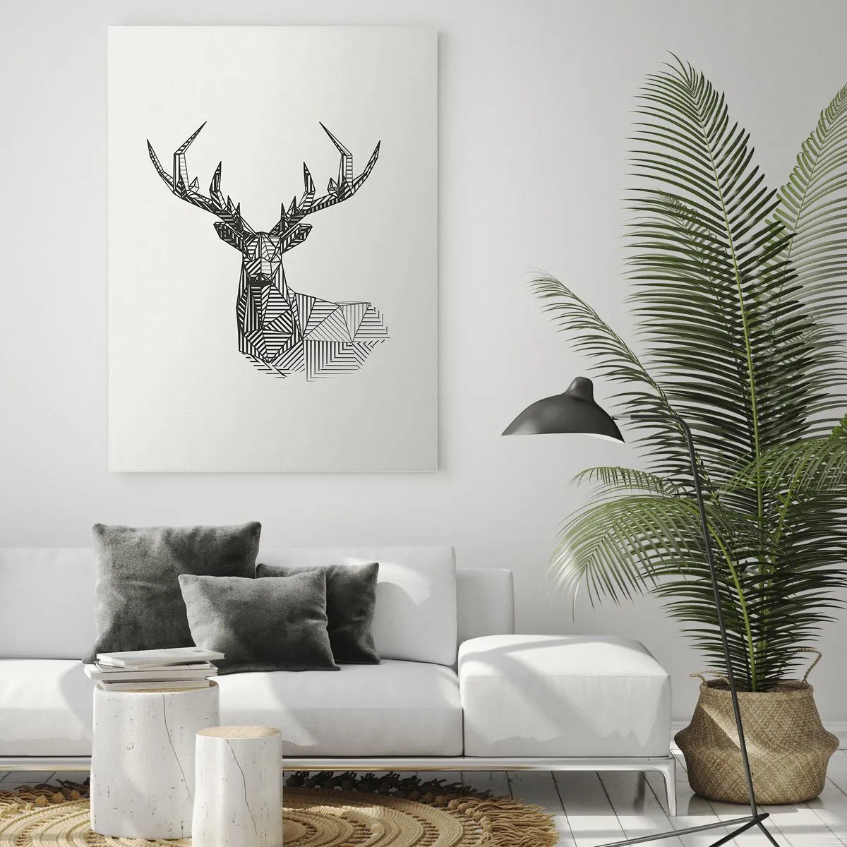 Quadro su vetro - Cervo cubista realizzato con forme geometriche su sfondo bianco - 50x70cm - Cervo in stile cubista - Decorazione murale moderna per soggiorno e camera da letto ARTTOR