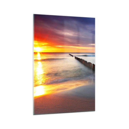 Quadro su vetro - Tramonto sul mare con un frangiflutti in primo piano - 70x100cm - Ascolta il silenzio - Decorazione murale moderna per soggiorno e camera da letto ARTTOR