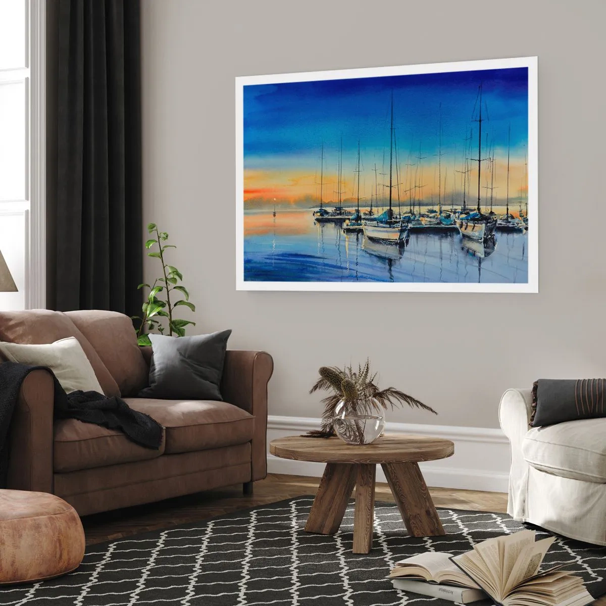 Poster - Porto degli yacht al tramonto con riflessi sull'acqua - 100x70cm - La fine di una buona giornata - Decorazione murale moderna per soggiorno e camera da letto ARTTOR