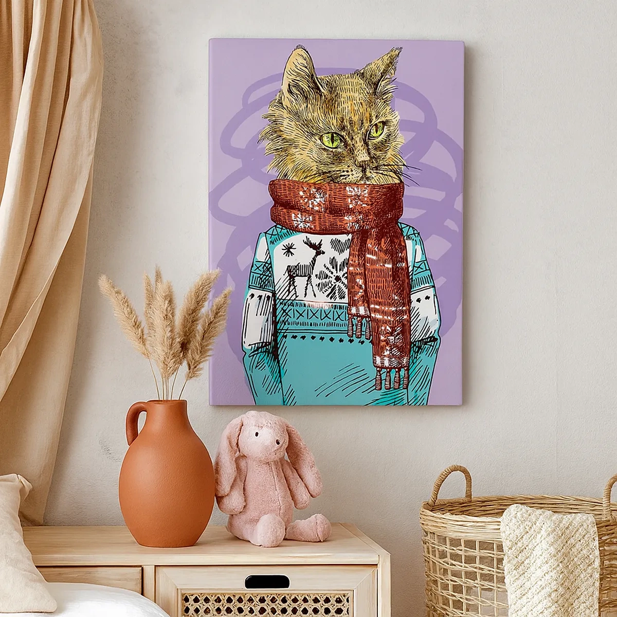 Quadro su tela - Stampe su Tela - Un gatto con un maglione e una sciarpa su uno sfondo viola - 50x70cm - Un gatto non solo con gli stivali - Decorazione murale moderna per soggiorno e camera da letto ARTTOR