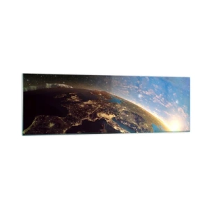 Quadro su vetro - Vista della Terra dallo spazio all'alba - 160x50cm - Guardiamoci da lontano - Decorazione murale moderna per soggiorno e camera da letto ARTTOR