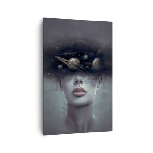 Quadro su tela - Stampe su Tela - Volto di donna con un pianeta e un motivo spaziale sullo sfondo - 80x120cm - E i pianeti folleggiano... - Decorazione murale moderna per soggiorno e camera da letto ARTTOR