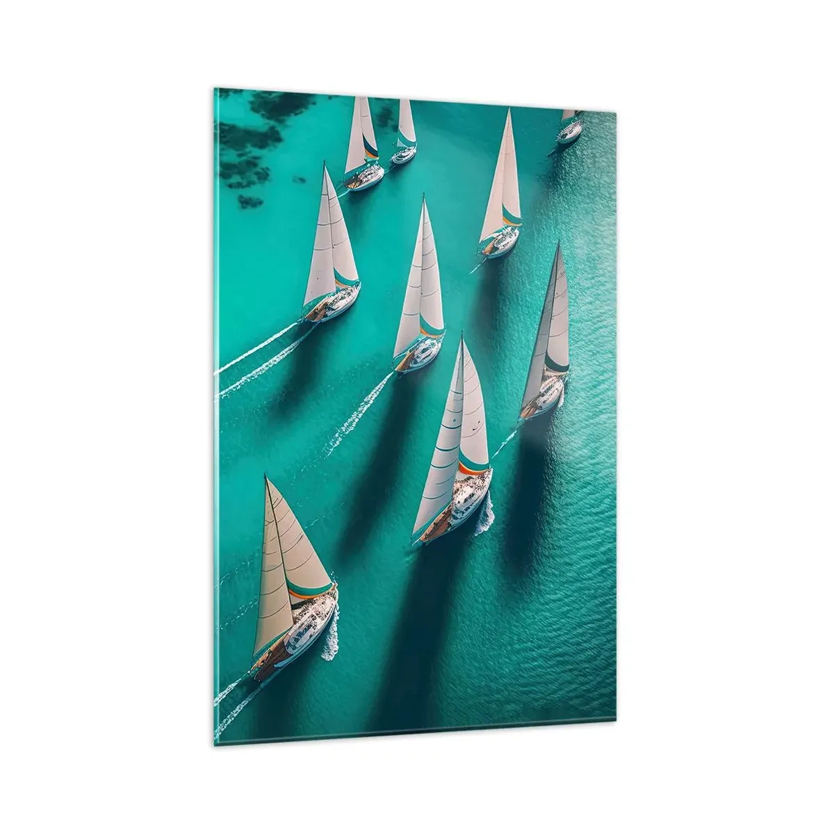 Quadro su vetro - Yacht in movimento dinamico sulle acque turchesi - 80x120cm - In gara con il vento - Decorazione murale moderna per soggiorno e camera da letto ARTTOR
