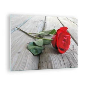 Quadro su vetro - Rosa rossa su una tavola di legno - 70x50cm - Studio in scarlatto - Decorazione murale moderna per soggiorno e camera da letto ARTTOR