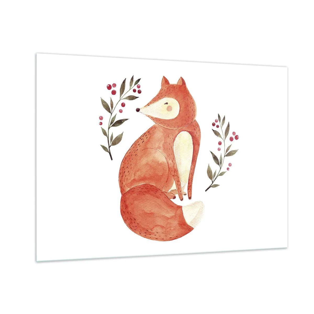 Quadro su vetro - Adorabile volpe acquerellata con ramoscelli e bacche - 100x70cm - Piccola rossa - Decorazione murale moderna per soggiorno e camera da letto ARTTOR