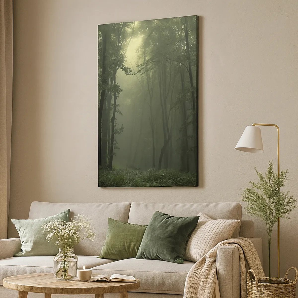 Quadro su tela - Stampe su Tela - Una foresta verde al mattino avvolta in una delicata nebbia - 50x70cm - Prima che si svegli - Decorazione murale moderna per soggiorno e camera da letto ARTTOR