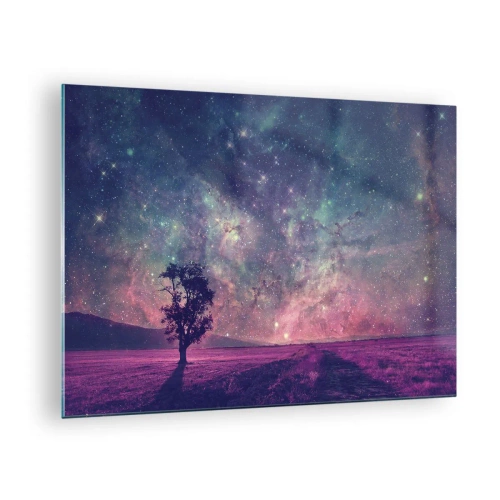 Quadro su vetro - Un albero sullo sfondo di un cielo stellato e di una galassia - 70x50cm - Sotto un cielo magico - Decorazione murale moderna per soggiorno e camera da letto ARTTOR