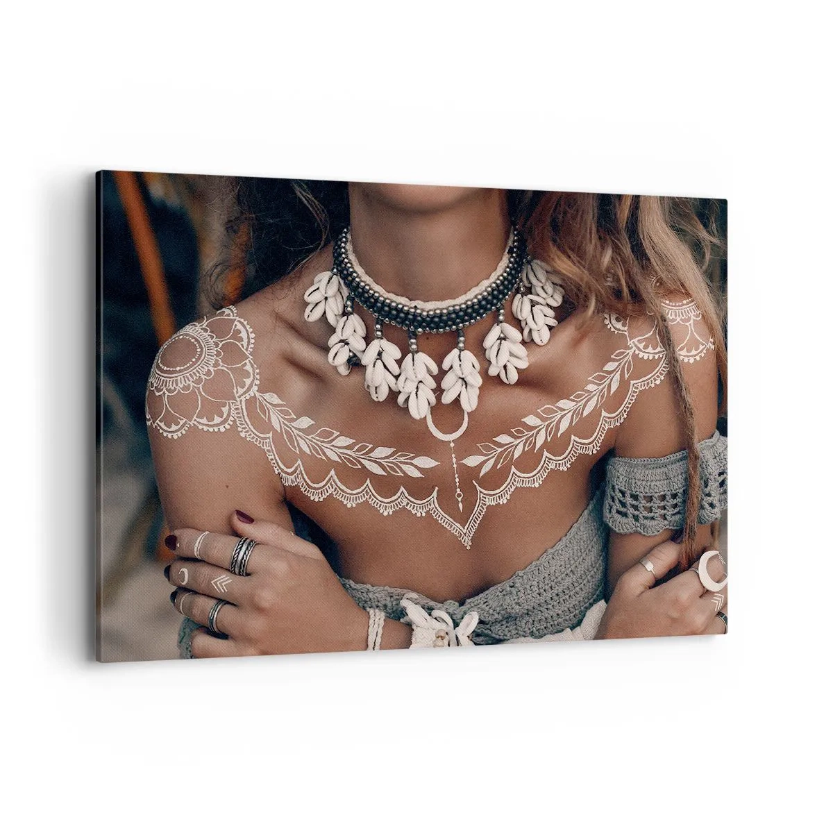 Quadro su tela - Stampe su Tela - Stile boho con gioielli di conchiglie e motivo in pizzo - 100x70cm - Talismani, rituali di femminilità - Decorazione murale moderna per soggiorno e camera da letto ARTTOR