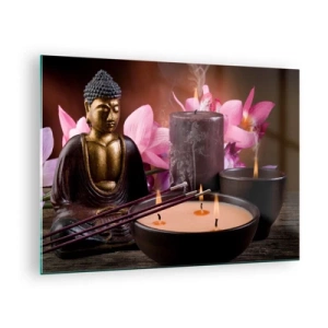 Quadro su vetro - Composizione rilassante con Buddha, candele e fiori - 70x50cm - Purificare la mente, calmare il corpo - Decorazione murale moderna per soggiorno e camera da letto ARTTOR