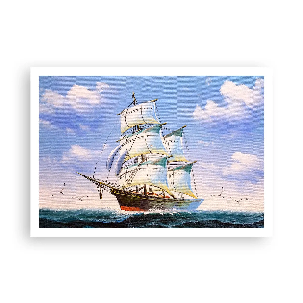 Poster - Una nave a vela in mare aperto sotto un cielo azzurro - 100x70cm - Con orgoglio nel vento - Decorazione murale moderna per soggiorno e camera da letto ARTTOR