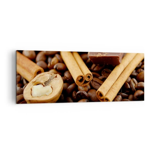 Quadro su tela - Stampe su Tela - Chicchi di caffè con bastoncini di cannella, cioccolato e noci. - 140x50cm - Concerto di sapori - Decorazione murale moderna per soggiorno e camera da letto ARTTOR