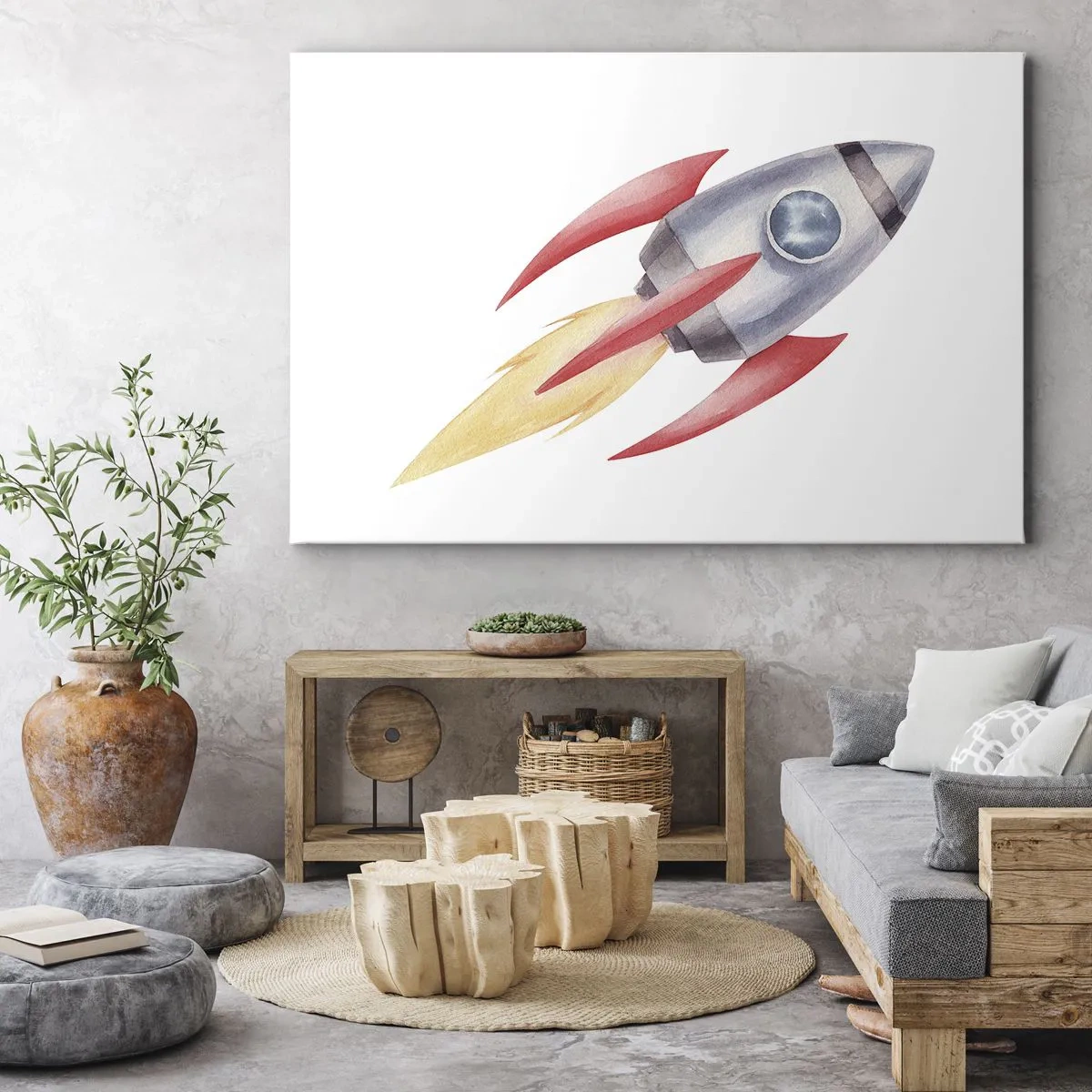 Quadro su tela - Stampe su Tela - Razzo in stile acquerello su sfondo bianco - 100x70cm - Più in alto, più veloce, più lontano - Decorazione murale moderna per soggiorno e camera da letto ARTTOR