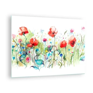 Quadro su vetro - Papaveri colorati e fiori di campo in stile acquerello - 70x50cm - Il prato fiorito a maggio - Decorazione murale moderna per soggiorno e camera da letto ARTTOR