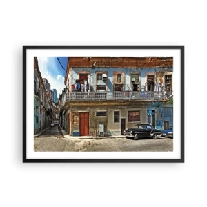 Poster in cornice nera - Case popolari colorate e un'auto d'epoca nel paesaggio urbano - 70x50cm - Atmosfera dell'Avana - Decorazione murale moderna per soggiorno e camera da letto ARTTOR