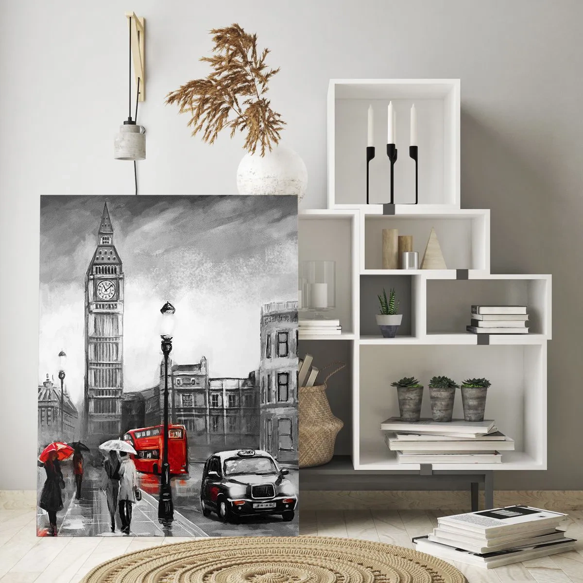 Quadro su vetro - Il Big Ben e le strade di Londra con accenti rossi su sfondo grigio - 50x70cm - Una città per niente grigia - Decorazione murale moderna per soggiorno e camera da letto ARTTOR