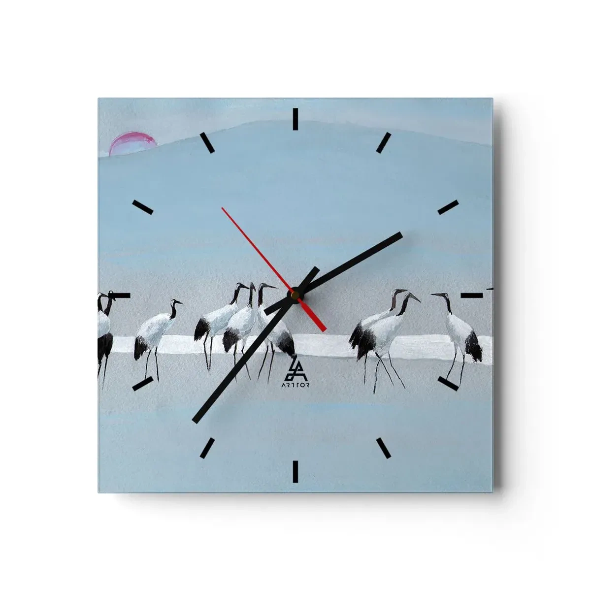 Orologio da parete - Orologio in Vetro - Un gruppo di gru contro un cielo azzurro e il sole nascente - 30x30cm - Dopo un giorno rovente - Decorazione murale moderna per soggiorno e camera da letto ARTTOR