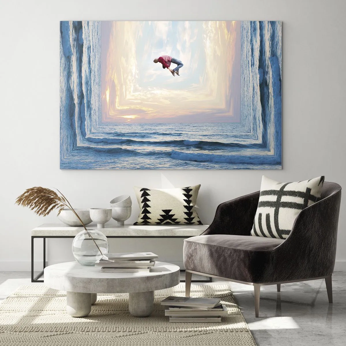 Quadro su vetro - Un uomo che salta sul mare in una cornice surreale - 70x50cm - In un'altra dimensione - Decorazione murale moderna per soggiorno e camera da letto ARTTOR