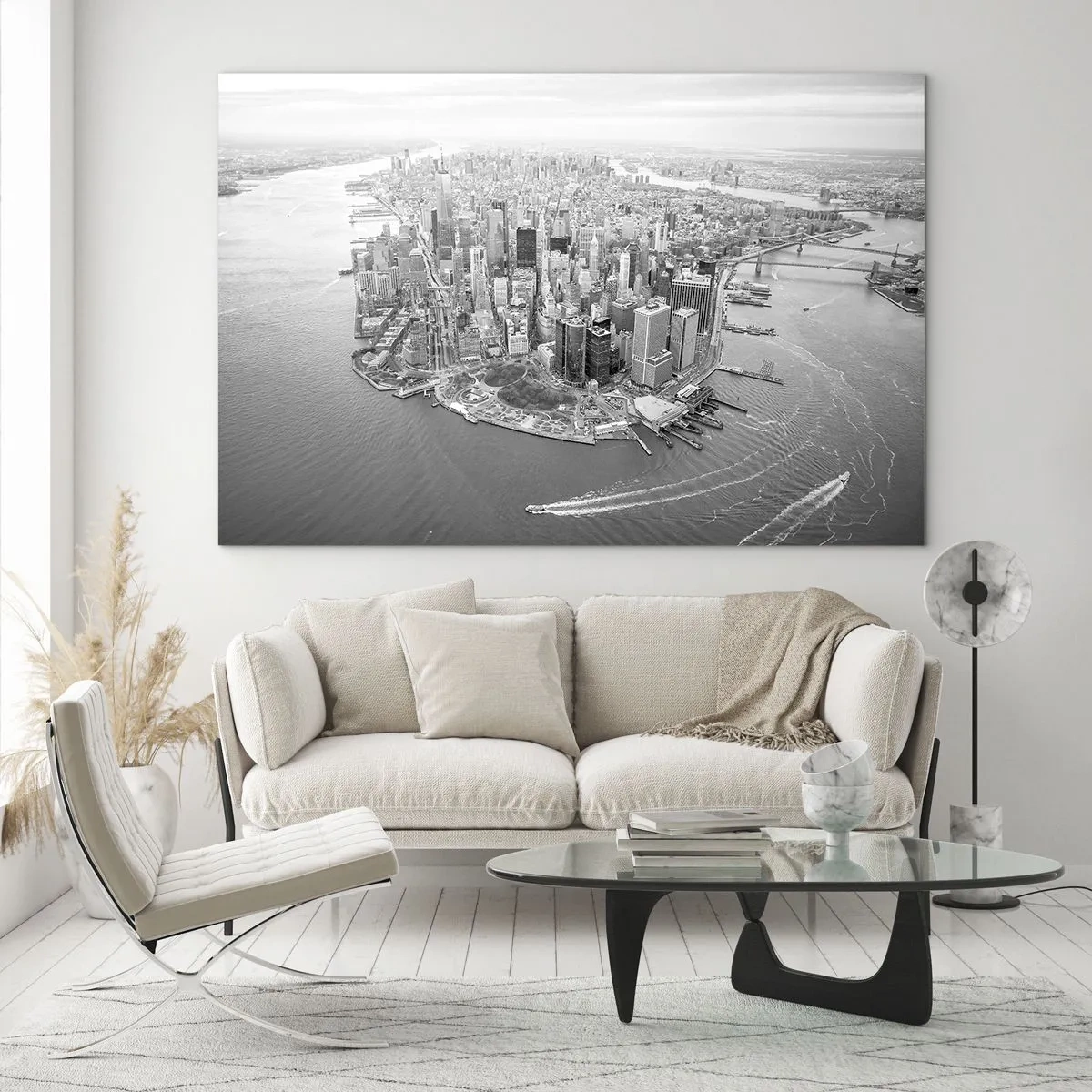 Quadro su vetro - Una vista a volo d'uccello della città in bianco e nero - 70x50cm - Come non amarla? - Decorazione murale moderna per soggiorno e camera da letto ARTTOR