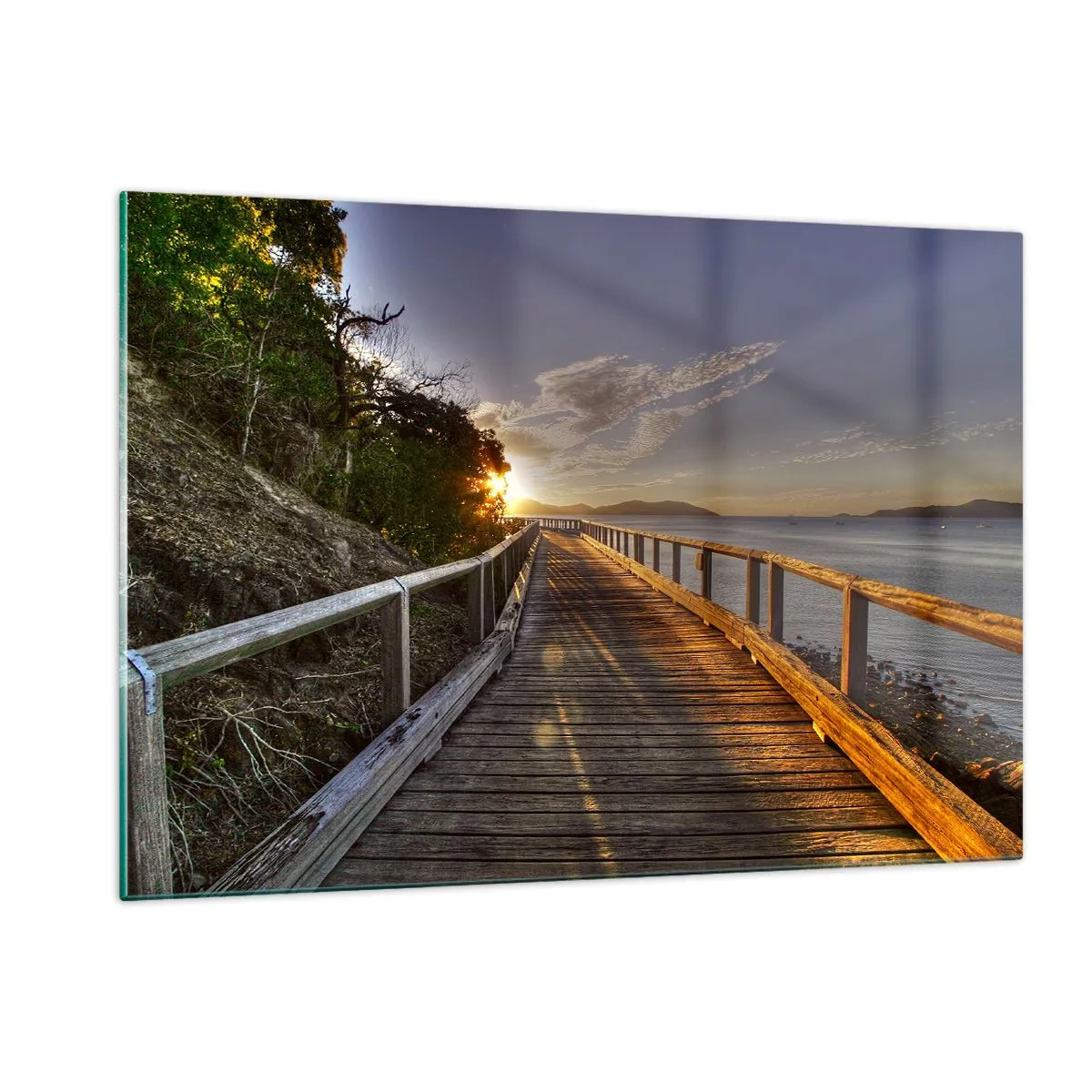Quadro su vetro - Passerella in legno al tramonto - 120x80cm - Incamminarsi sempre verso il sole - Decorazione murale moderna per soggiorno e camera da letto ARTTOR