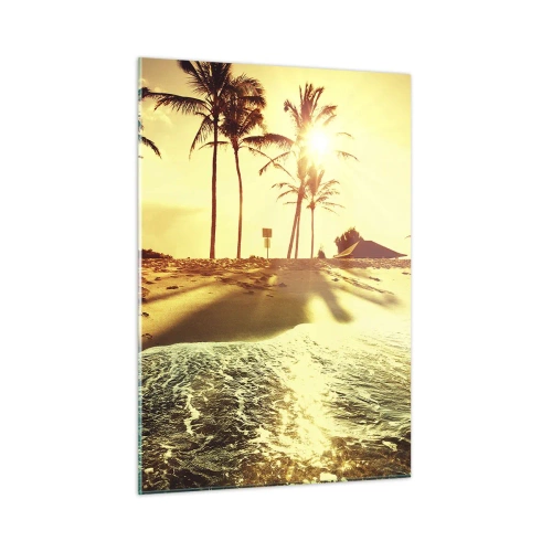 Quadro su vetro - Spiaggia dorata con palme al tramonto e mare calmo - 50x70cm - Pomeriggio in California - Decorazione murale moderna per soggiorno e camera da letto ARTTOR
