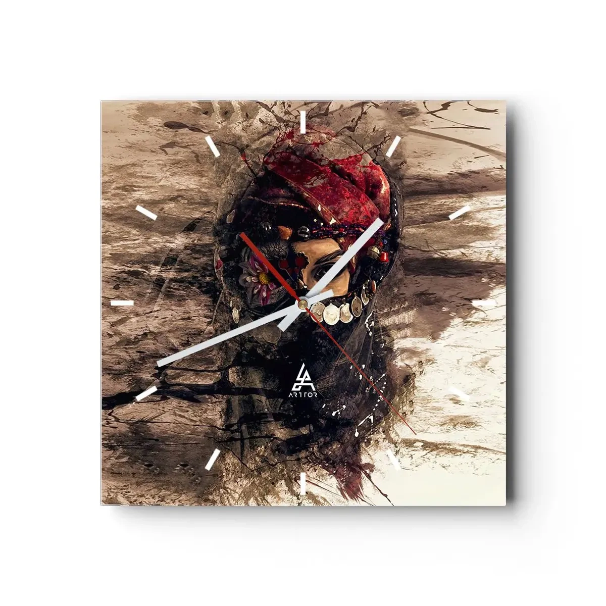 Orologio da parete - Orologio in Vetro - Ritratto artistico di una donna in abiti orientali su uno sfondo astratto. - 30x30cm - Quantomeno inquietante - Decorazione murale moderna per soggiorno e camera da letto ARTTOR