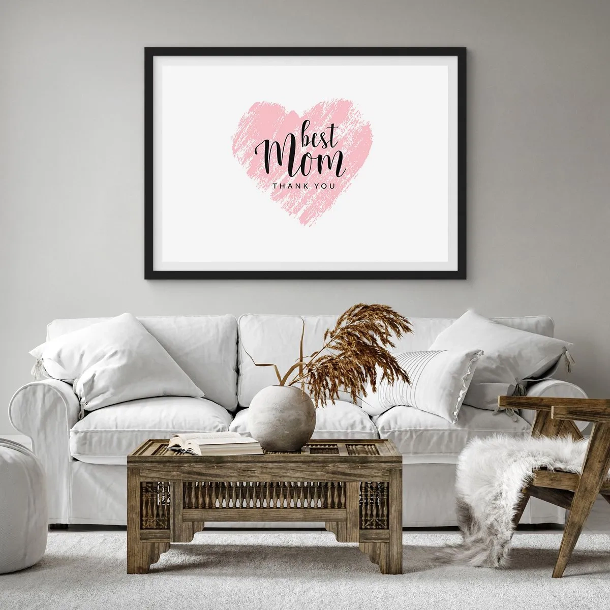 Poster in cornice nera - Cuore rosa con la scritta "Grazie mamma" su sfondo bianco - 70x50cm - È sempre il momento giusto - Decorazione murale moderna per soggiorno e camera da letto ARTTOR