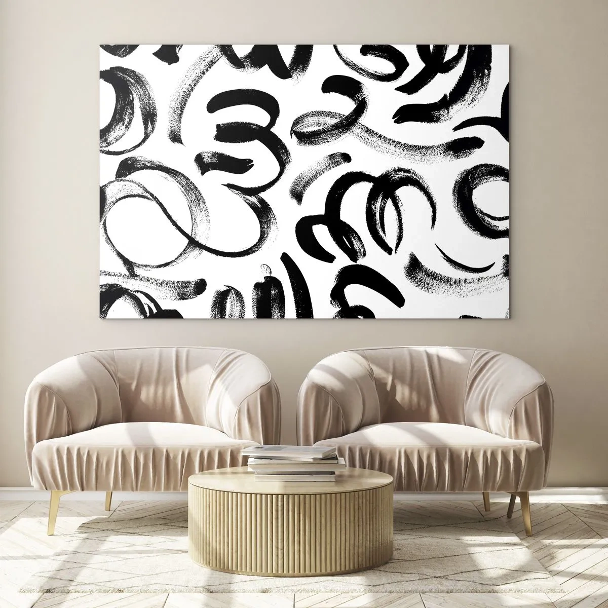 Quadro su vetro - Pennellate astratte in bianco e nero - 120x80cm - Nero su bianco - Decorazione murale moderna per soggiorno e camera da letto ARTTOR