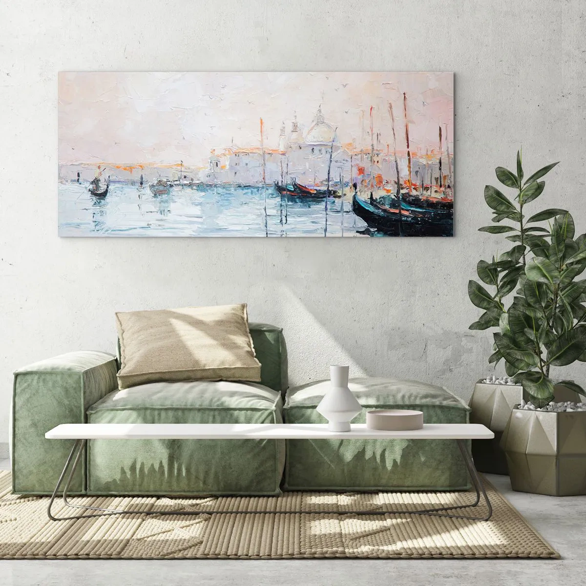 Quadro su vetro - Vista pittoresca dei canali con barche color pastello - 160x50cm - Dopo l'acqua, dopo la nebbia - Decorazione murale moderna per soggiorno e camera da letto ARTTOR