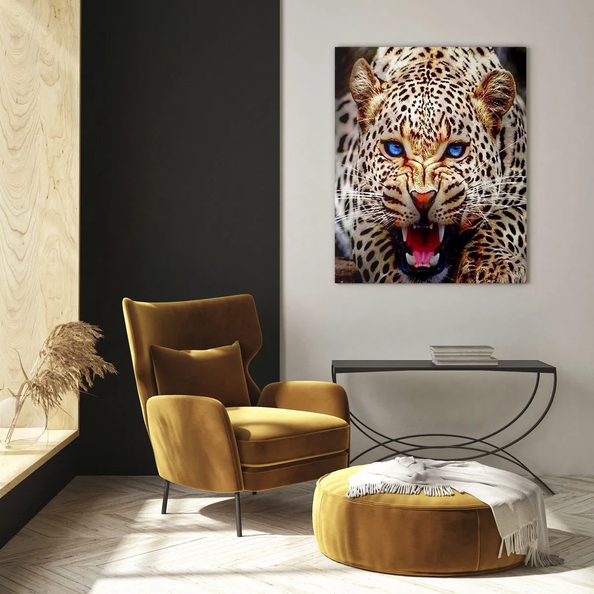 Quadro su vetro - Un leopardo minaccioso con intensi occhi blu - 80x120cm - La rabbia non rovina la bellezza - Decorazione murale moderna per soggiorno e camera da letto ARTTOR