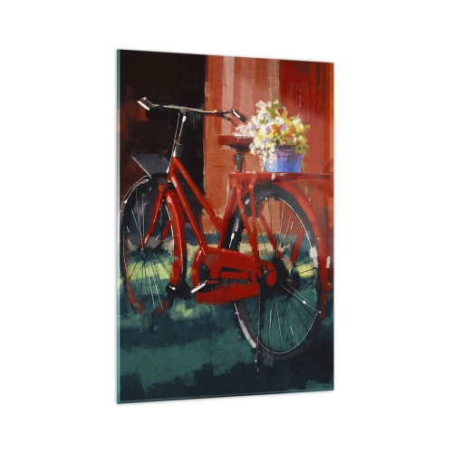 Quadro su vetro - Una bicicletta rossa con fiori contro un muro arancione - 70x100cm - I want to ride my bicycle - Decorazione murale moderna per soggiorno e camera da letto ARTTOR