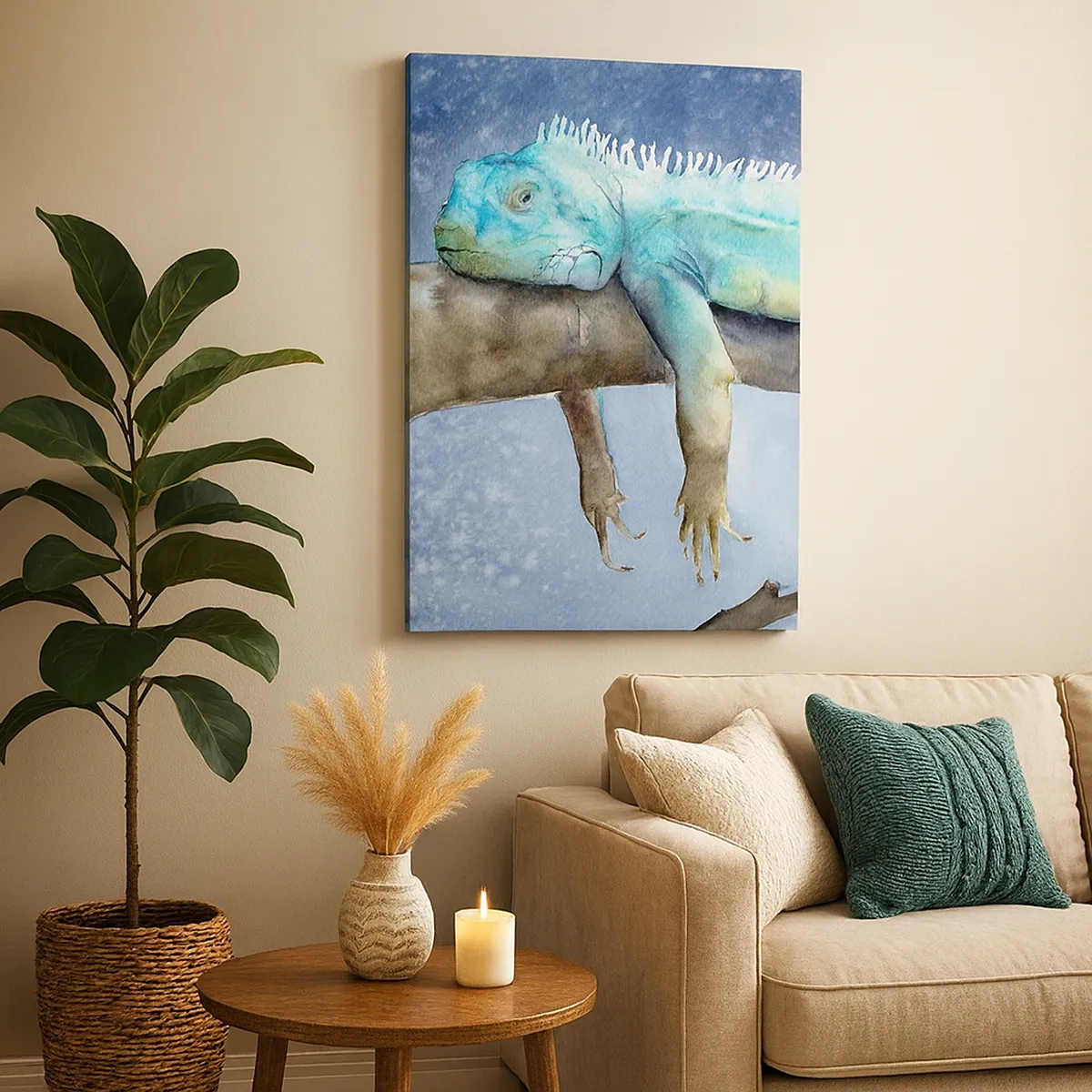 Quadro su tela - Stampe su Tela - Iguana blu che riposa su un ramo - 50x70cm - Va tutto bene! - Decorazione murale moderna per soggiorno e camera da letto ARTTOR