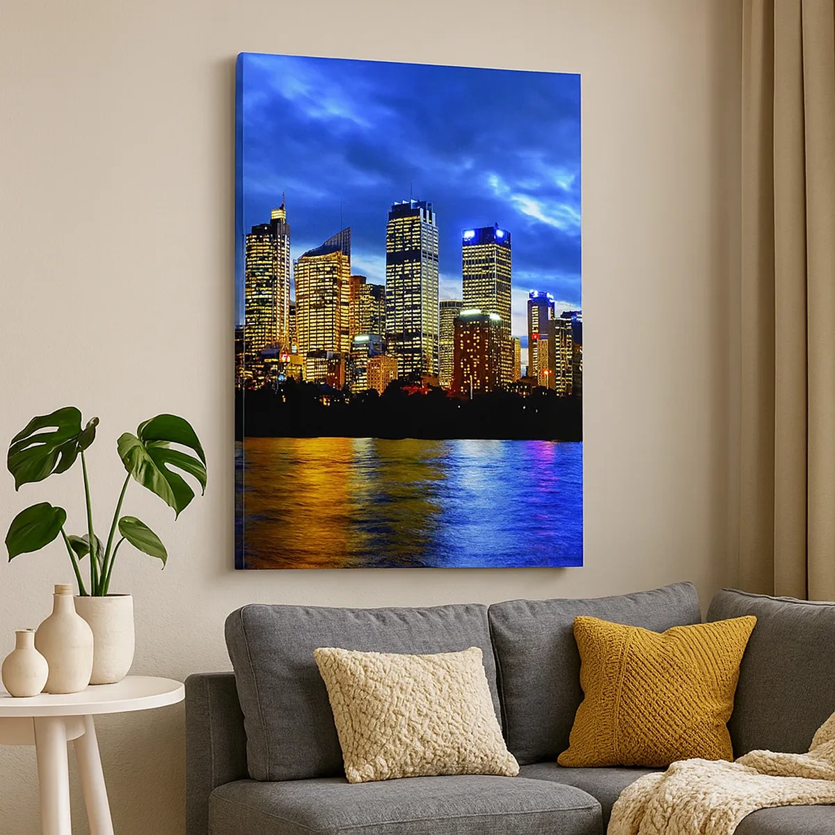 Quadro su tela - Stampe su Tela - Panorama della città notturna con grattacieli illuminati sull'acqua - 50x70cm - Notte di luci e colori - Decorazione murale moderna per soggiorno e camera da letto ARTTOR