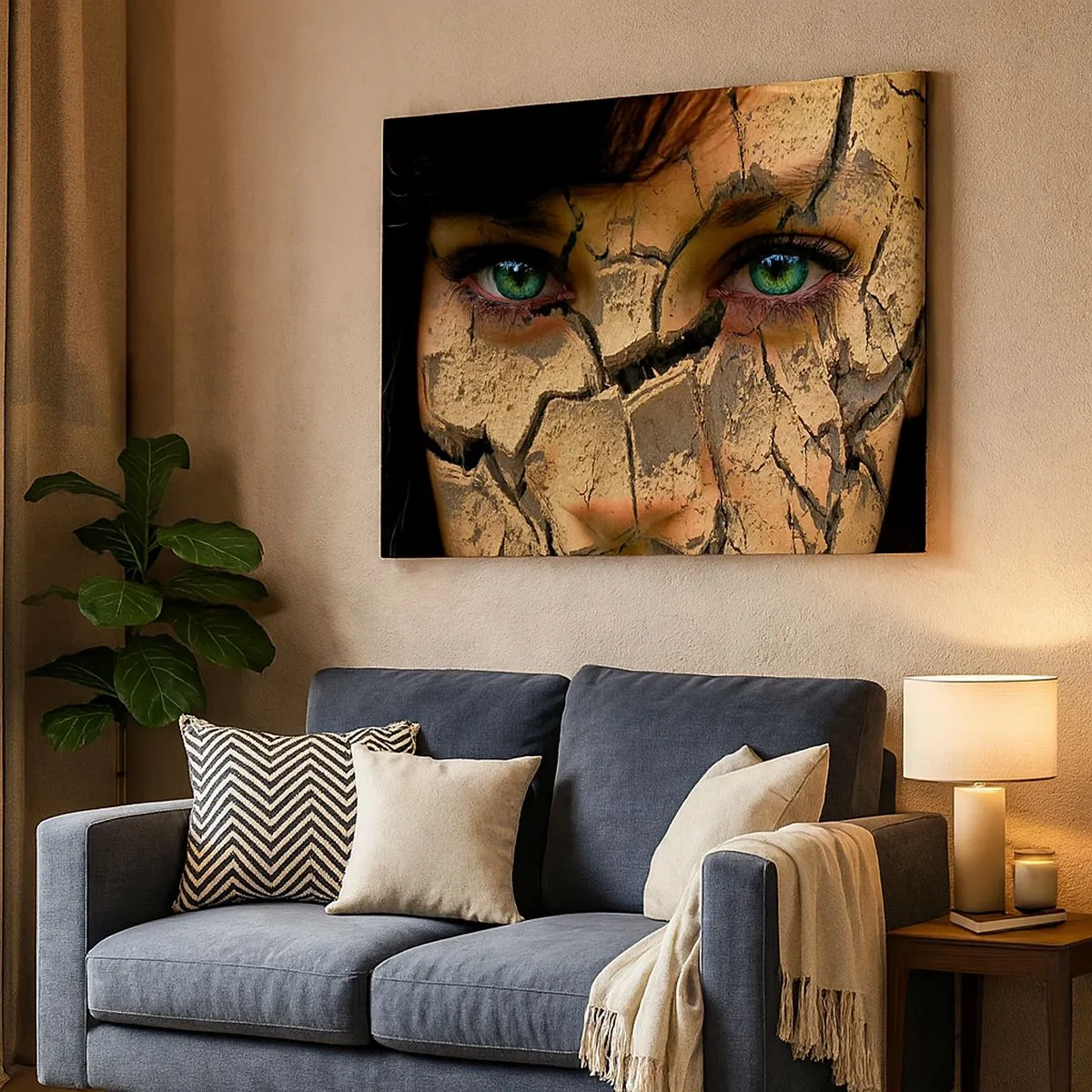 Quadro su tela - Stampe su Tela - Il volto di una donna con gli occhi verdi coperto da una struttura di terra screpolata - 70x50cm - Meraviglia e minaccia insieme - Decorazione murale moderna per soggiorno e camera da letto ARTTOR