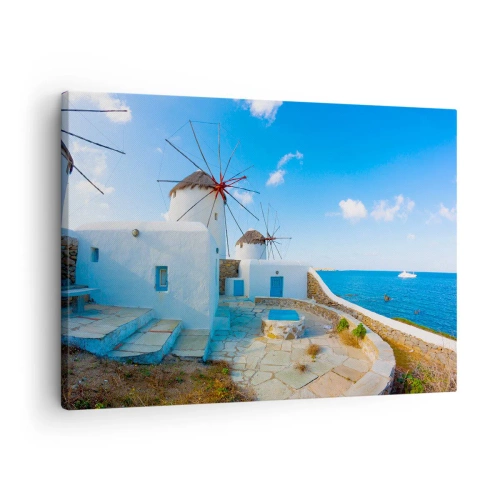 Quadro su tela - Stampe su Tela - Mulini a vento bianchi sulle rive del mare blu - 70x50cm - Vento azzurro sul mare - Decorazione murale moderna per soggiorno e camera da letto ARTTOR
