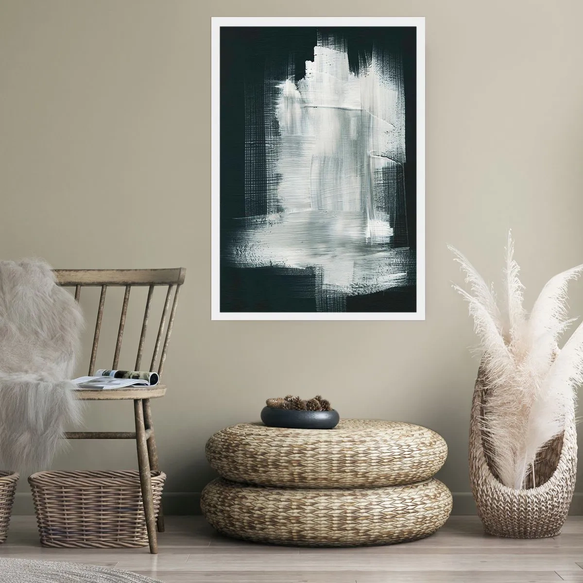 Poster - Composizione astratta in bianco su sfondo scuro - 50x70cm - Tessuto in verticale e in orizzontale - Decorazione murale moderna per soggiorno e camera da letto ARTTOR