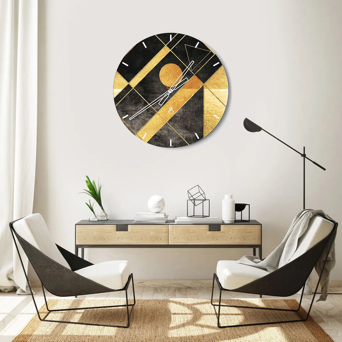 Orologio da parete - Orologio in Vetro - Forme geometriche dorate su sfondo nero con motivo solare - 30x30cm - Sole del deserto - Decorazione murale moderna per soggiorno, cucina e camera da letto ARTTOR