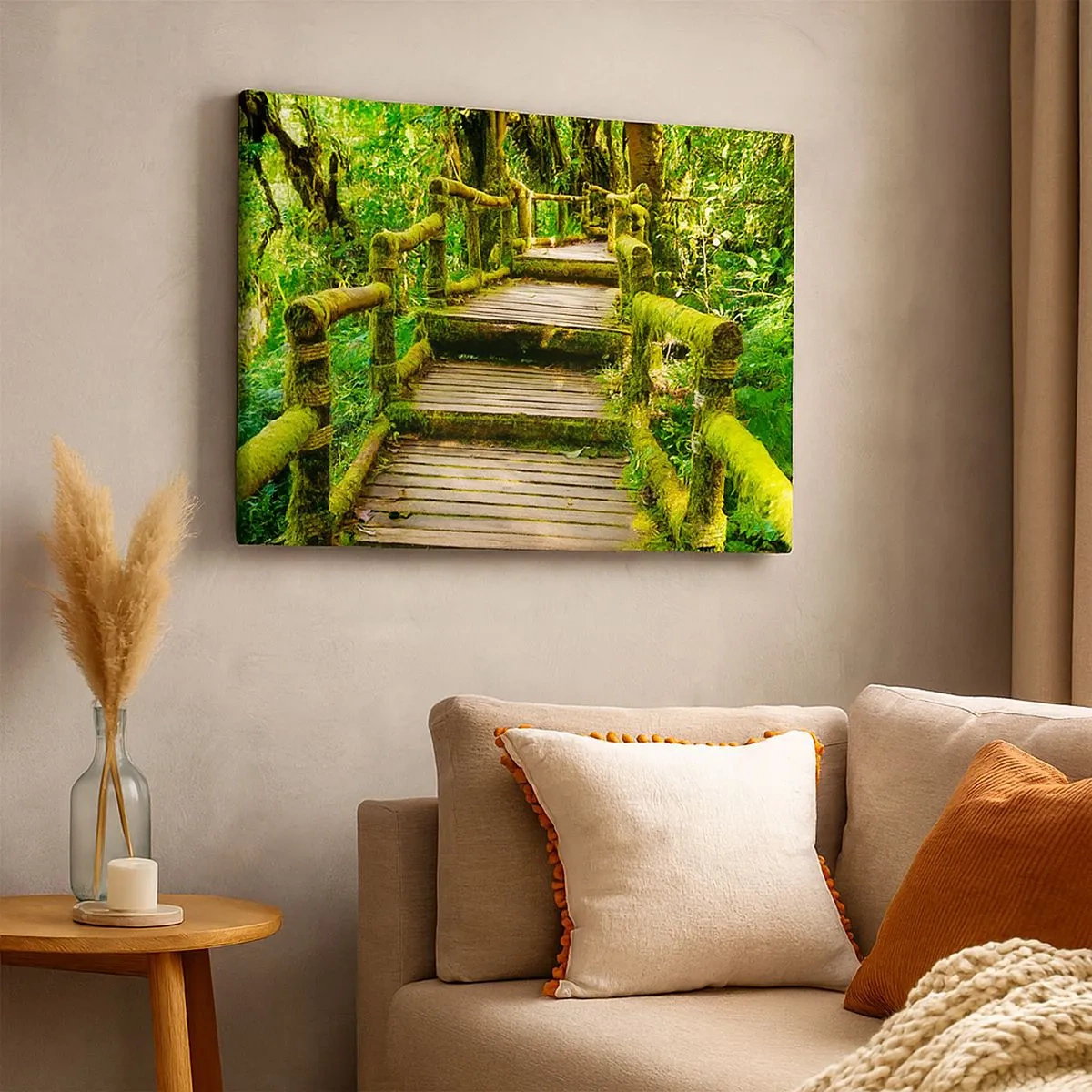Quadro su tela - Stampe su Tela - Un ponte di legno ricoperto di muschio in una foresta pluviale tropicale - 70x50cm - Un corridoio nel verde - Decorazione murale moderna per soggiorno e camera da letto ARTTOR
