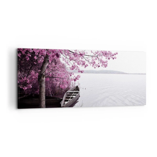 Quadro su tela - Stampe su Tela - Una barca sulla riva di un lago tra alberi rosa - 120x50cm - Nel silenzio rosa - Decorazione murale moderna per soggiorno e camera da letto ARTTOR