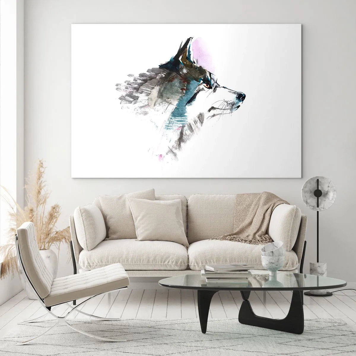 Quadro su vetro - Lupo in stile acquerello artistico su sfondo bianco - 120x80cm - Si parla del lupo - Decorazione murale moderna per soggiorno e camera da letto ARTTOR