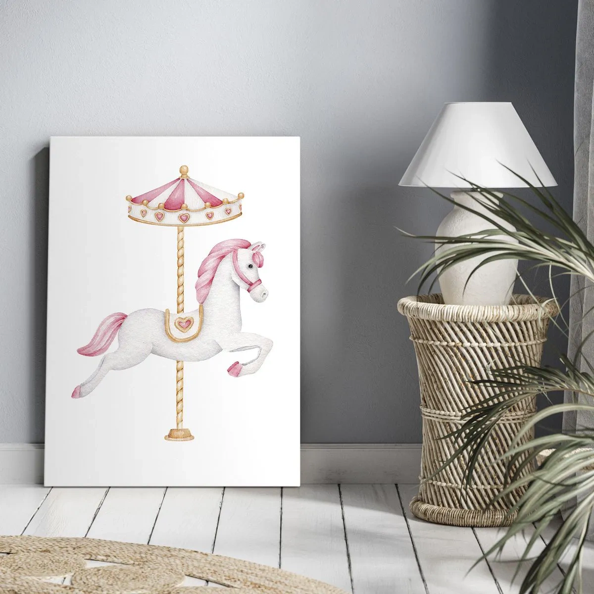 Quadro su tela - Stampe su Tela - Un cavallo da giostra nei toni pastello del rosa - 50x70cm - Partito al galoppo. - Decorazione murale moderna per soggiorno e camera da letto ARTTOR